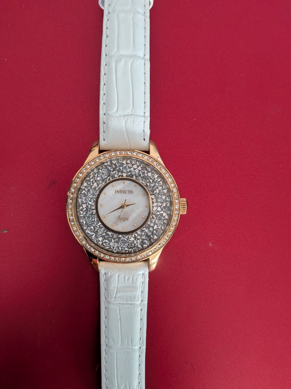 Invicta White Leather Strap Gold-Tone Crystal Dial Watch